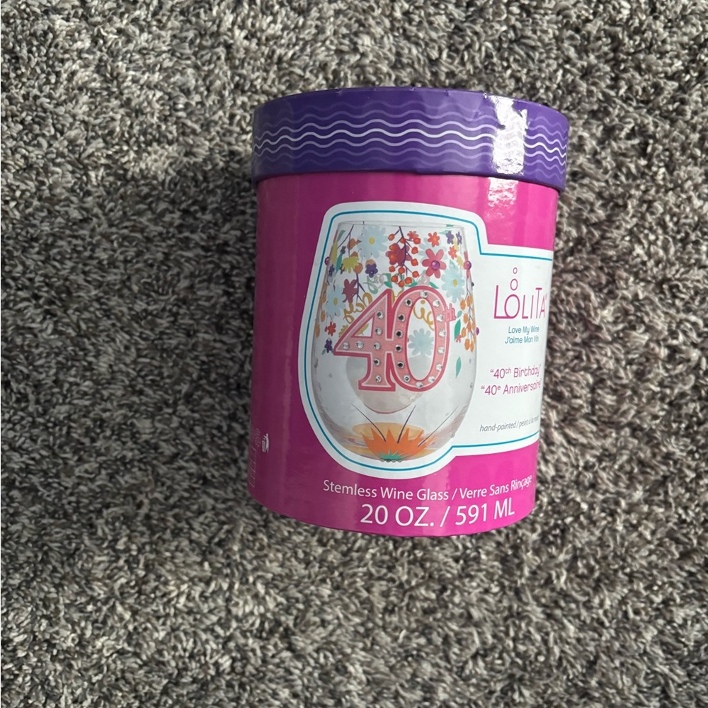 {Lolita} Colorful Floral 40th Celebration Stemless Wine Glass - Picture 5 of 9